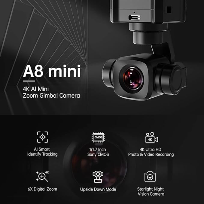 SoloGood FPV Camera SIYI A8 Mini Gimbal Camera 4K 8mp HD 6X Digital Zoom with AI Smart Identify and Tracking HDR Starlight Night Vision for UGV USV RC Plane FPV Drones Robot