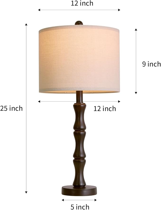 BOBOMOMO 25" Classic Table Lamps Set of 2, Farmhouse Nightstand Lamps with Dark Brown Resin Base & Linen Shade, Standard Table Lamps for Bedroom, Living Room, Hallway & House Décor
