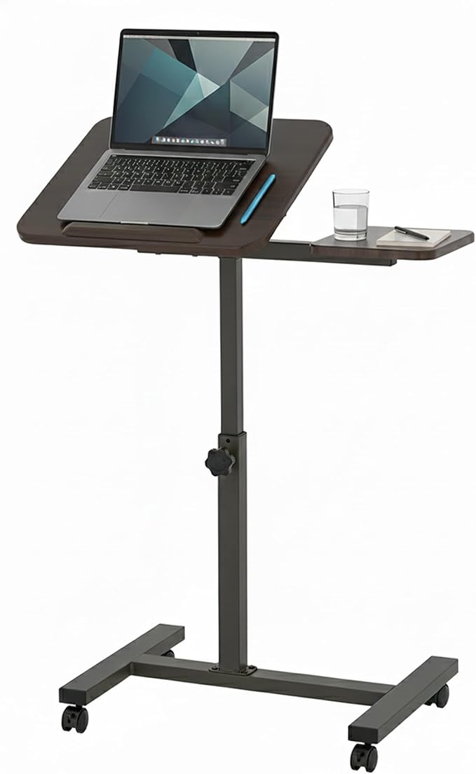 Displays By Jack Adjustable Height Rolling Laptop Desk with Tilting Top & Side Shelf – Mobile Sit Stand Computer Table on Wheels for Home Office, Classroom, Study Room