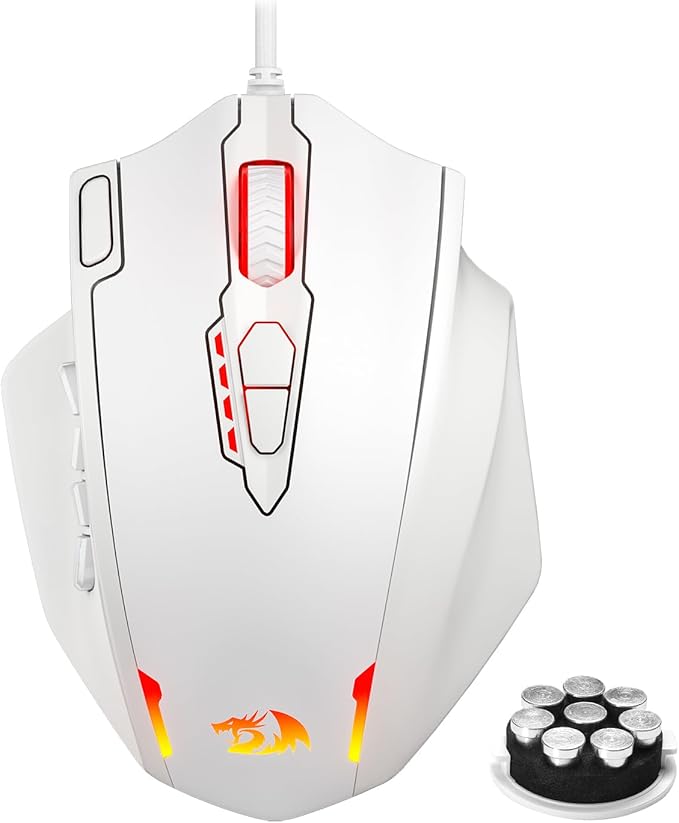 Redragon M908 Impact RGB LED MMO Gaming Mouse with 12 Side Buttons, Optical Wired Ergonomic Mouse with Max 12,400DPI, High Precision, 18 Programmable Macro Shortcuts, Comfort Grip, White