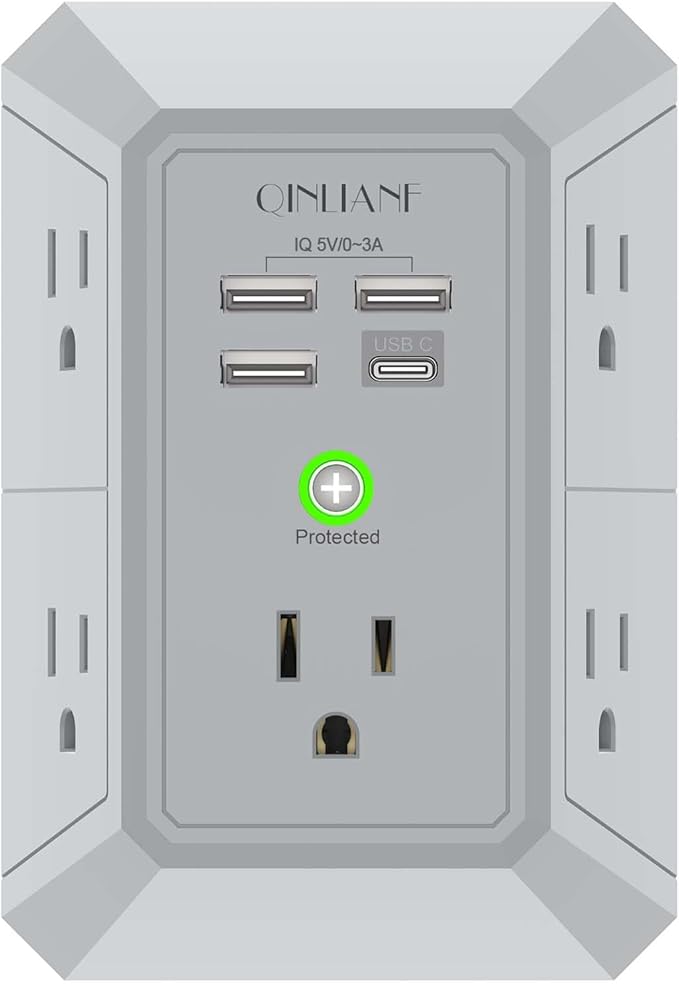 USB Wall Charger, Surge Protector, QINLIANF 5 Outlet Extender with 4 USB Charging Ports(3U1C) 3-Sided 1680J Power Strip Multi Plug Outlets Wall Adapter Spaced for Home Travel Office, Grey