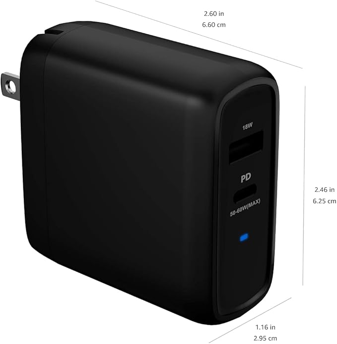 Amazon Basics 68W Two-Port GaN Wall Charger with 1 USB-C (60W) & 1 USB-A Ports (18W) with PD for Laptops, Tablets & Phones (iPhone 16/15/14/13/12/11/X, iPad, MacPro, Samsung, More), Non-PPS, Black