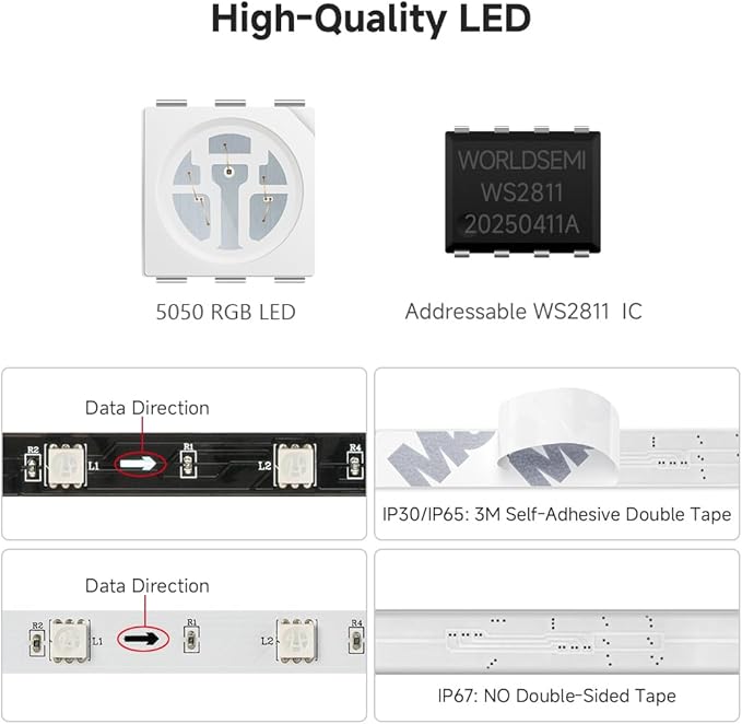 BTF-LIGHTING UL Listed WS2811 IC=RGB+IC Addressable Color RGB LED Strip,16.4FT 30LED/m 10Pixels/m,IP67 White PCB Flexible DC12V Chasing Effect for Indoor Home Decor(No Adapter or Controller)