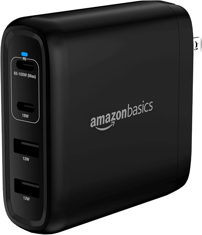 Amazon Basics 100W Four-Port GaN Wall Charger with 2 USB-C (100W, 18W) & 2 USB-A Ports (12W), PD 3.0, Foldable Plug, Portable Multi-Device Charging for Laptops, Tablets & Phones, Black