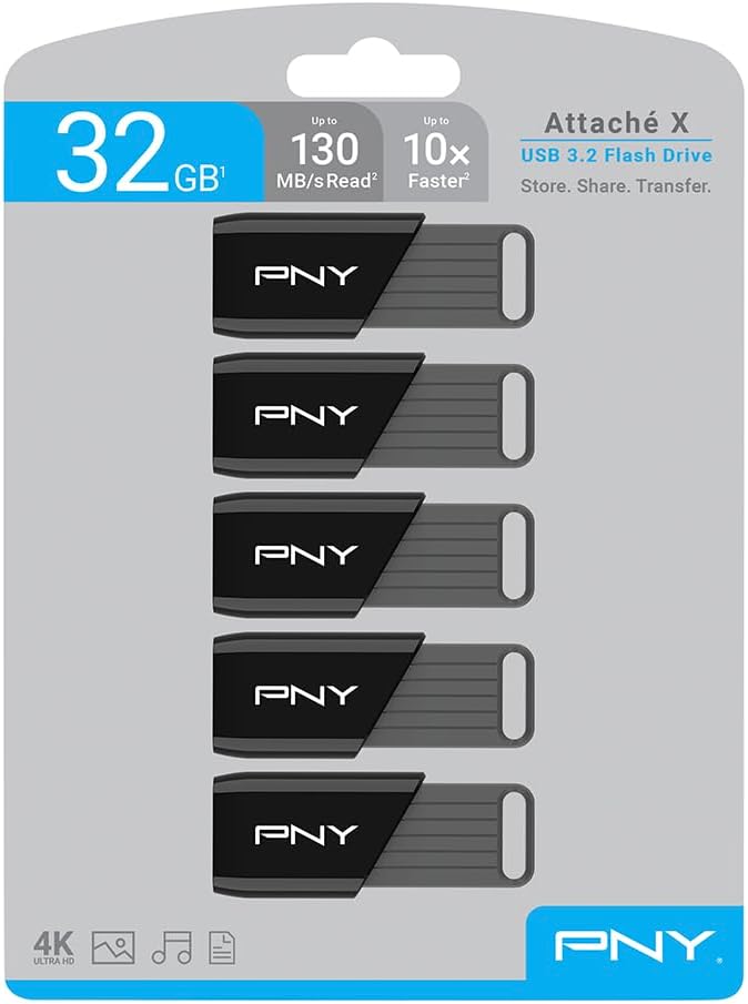 PNY 32GB Attaché X USB 3.2 Gen 1 Flash Drive, Advanced Performance Up to 130MB/s Read, Everyday Data Store & Transfer, Reliable Portable Storage, Durable, Type-A, Computers, Laptops, Desktops, 5-Pack