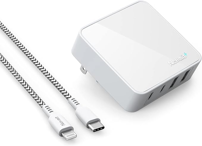 Nekmit USB C Charger, 52W 4-Port Thin Flat Fast Wall Charger with 6.6FT USB-C to Lightning Cable, Two 20W Power Delivery and 2 USB Port for iPhone 13/13 Pro/13 Pro Max, iPad Pro, AirPods Pro