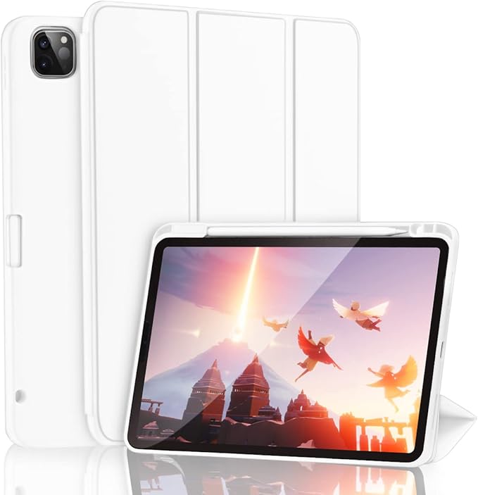 Cases for iPad Pro 12.9 Case 6th/5th/4th Generation (2022/2021/2020) with Pencil Holder [Apple Pencil Wireless Charging] Soft TPU Smart Tri-fold Stand Protective Cover(White)