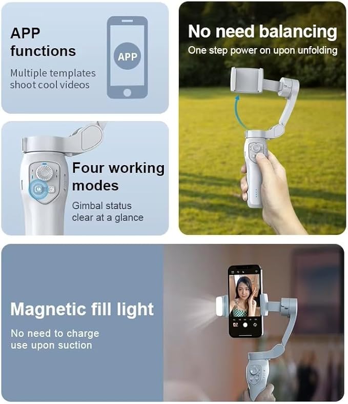 DOSTDR - Phone Gimbal Stabilizer, 3-Axis Phone Holder, Foldable, Handheld, Gimble, Focus Option, TikTok, Lightweight, AI Tracking, YouTube, Vlog Stabilizer, Smartphones, Cameras, Tripod, Ideal Gift