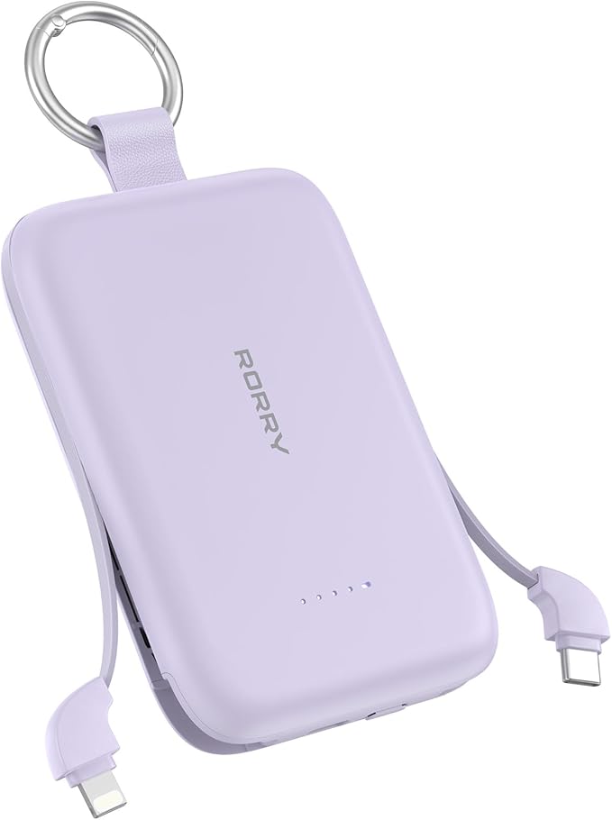 RORRY CharmGo Portable Charger, 10000mAh PD 30W Fast Charging Portable Charger Power Bank with Built-in Cables, Travel Keychain Charger Battery Pack for iPhone 17/16/15, for AirPods 2/3/4/Pro, Purple