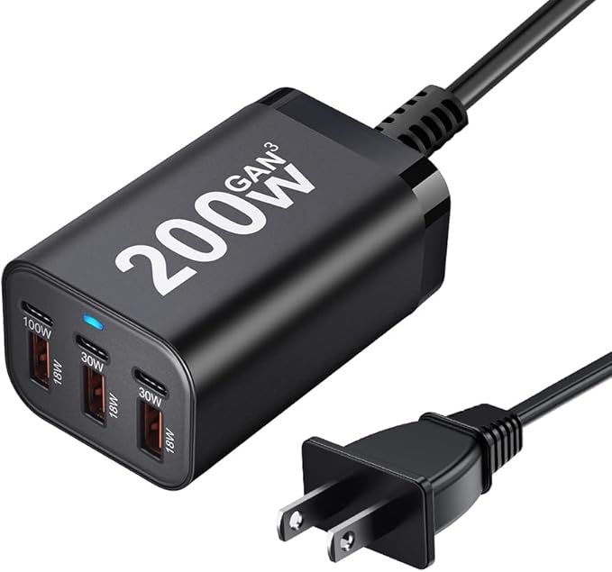 200W USB C Charge Block,6 Port PD 100W 65W 45W GaN Charger,Multi Port Fast Charging Station Hub for Multiple Devices,MacBook,iPad,iPhone,HP DELL Laptop,Galaxy Android Cell Phone