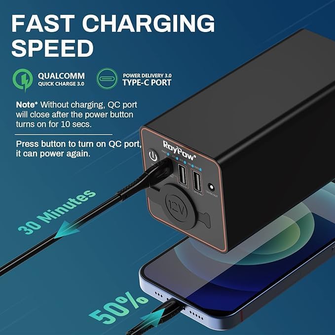 RoyPow 30W PD Portable Charger with 12V/10A Cigarette Lighter Socket, 86.58Wh USB C Laptop Power Bank, 18W QC& 12V DC External Battery Pack, Perfect for MacBook Air iPad Dash Cam or Camping (Standard)