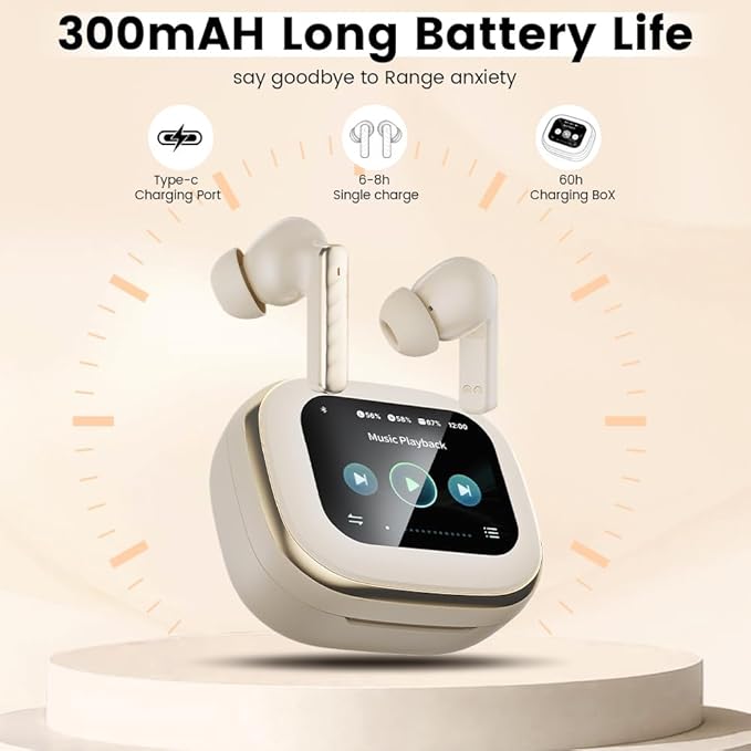 Wireless Earbuds, Bluetooth 5.4 Headphones in Ear with Smart Touchscreen Case, ANC Noise Cancelling Ear Buds, 60H Playtime for Sports & Working, Bass Stereo Sound for iPhone/Android (Beige)