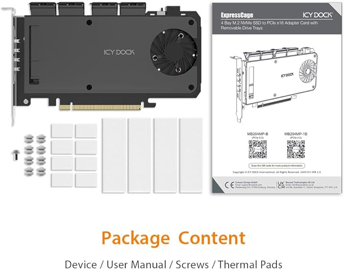 4 Bay Removable M.2 NVMe PCIe SSD to PCIe 5.0 x16 Mobile Rack Enclosure/Adapter Card for PCIe Expansion Slot (PCIe Bifurcation Required) | ICY DOCK ExpressSlot MB204MP-B