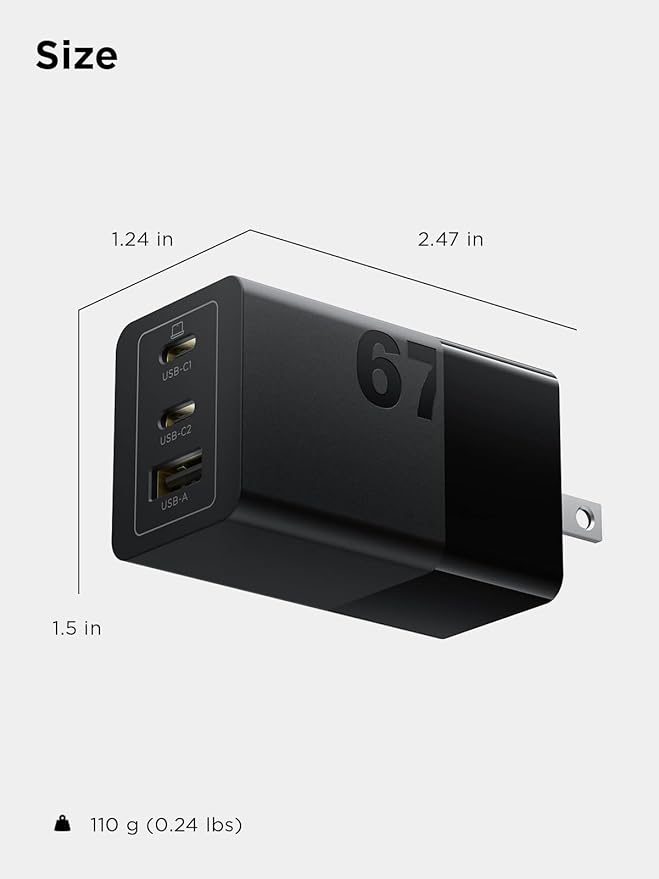 Lenovo 67W USB-C Charger, 3-Port Multi-Device Fast Charging, Advanced GaN Charger Block, Compact Fast Wall Charger, for MacBook Pro/Air, Dell XPS, iPhone 16 Series, Samsung Galaxy, and More