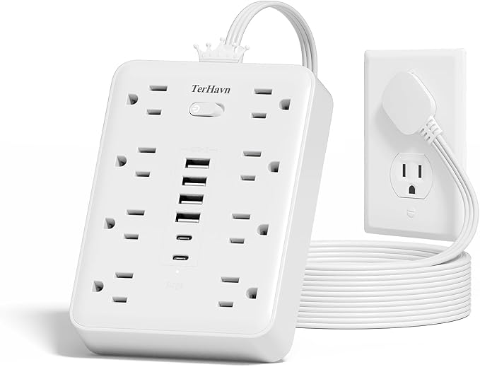 Extension Cord Flat Wall Plug with Surge Protector & 8 Outlets 6 USB Ports – 15A 1875W Power Strip for Home Office Dorm Room – 15ft Flat Cord in White – MCSCN