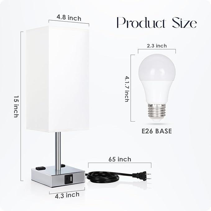 Set of 2 Bedside Table Lamp 3 Way Dimmable Nightstand Lamp with USB C & USB A Charging Port, 2 AC Outlets, 3000K LED Bulbs (White)
