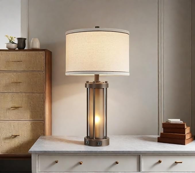 RORIA Farmhouse Table Lamps for Living Room with 2 USB Charging Ports, Vintage Rustic Nightstand Lamp with Amber Glass Nightlight, Retro Desk Lamp for Bedroom Entryway, 2 Bulbs Included