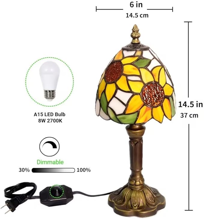 BMXKPO Tiffany Style Table Lamp,Sunflower Stained Glass Lamp,6 Inch Small Antique Bedside Lamp, for Bedroom Living Room Home,Included Dimmable LED Bulb 8W