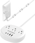 Flat Extension Cord with Outlet Cover & Cable Clips- 5 FT, 1625W Child Proof Extension Cord with 3 AC Outlet 4 USB (24W/4.8A), Flat 90 Degree Power Strip for Behind Furniture Couch Sofa TV, etc