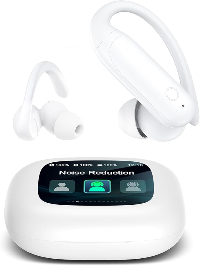 LEEMC Wireless Earbuds, Bluetooth Headphones 6.0, Ear Buds with Touch Screen, ANC ENC Noise Cancelling, 40H Bass Stereo Sound Over-Ear Earphones for iOS, Android, Sports, Workout, White