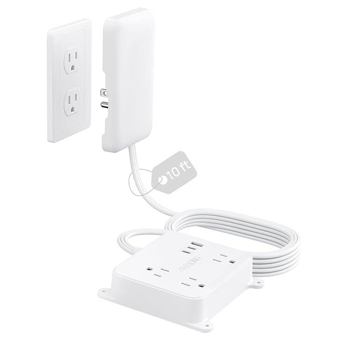 TROND Flat Power Strip with Outlet Concealer, 10FT Extension Cord with 3 Widely Spaced AC Outlets, 3 USB Charger(2 USB C Ports), Wall Mount Power Strip, Compact for Nightstand Couches Home Essentials