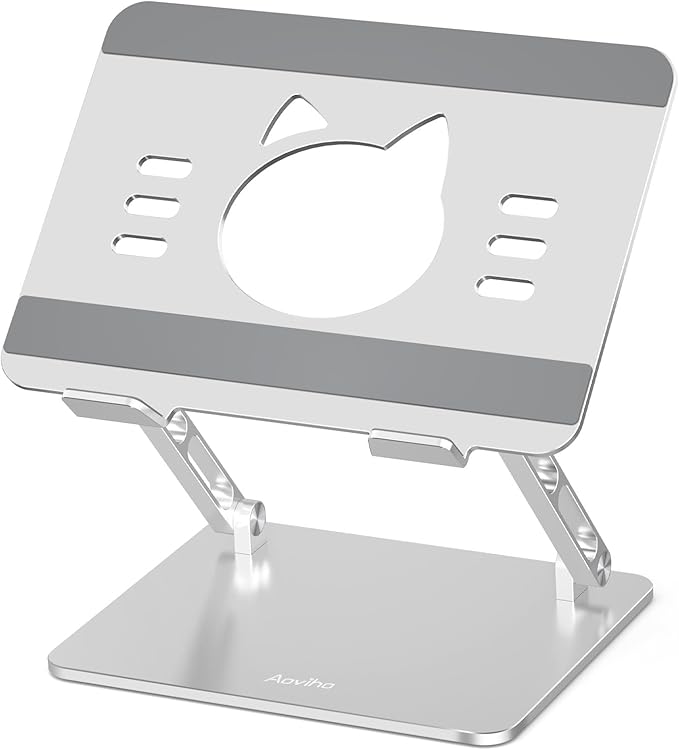 Aoviho Laptop Stand for Desk – Adjustable Aluminum Laptop Riser with Unique Cat-Shaped Cooling Vent, Portable Desk Gift & Decor, Compatible with MacBook Air Pro, Dell, HP, Lenovo (10"-17.3"), Silver
