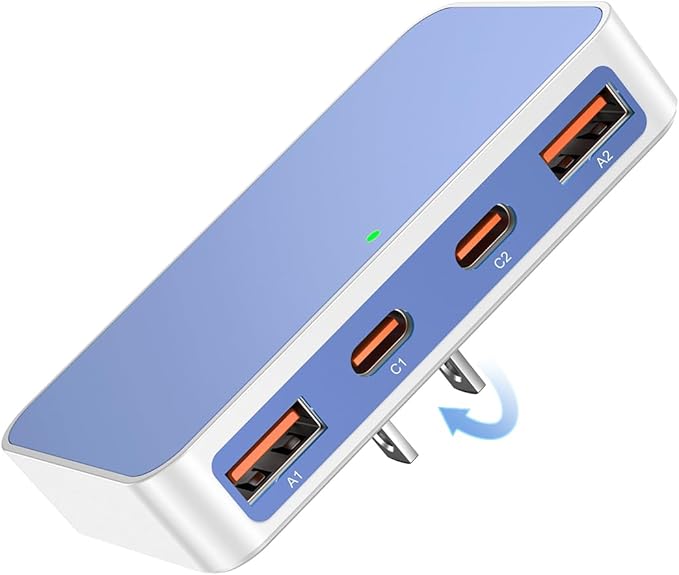 Flat USB Wall Charger 4 Ports Slim 35W USB-C/A Flodable Plug Fast Charging Block for iPhone 8/9/10/11/12/13/14/15 Multiport Power Charging Adapter for ipad and Galaxy Series S8-10 Blue