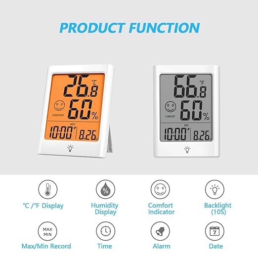 Timloon Digital Indoor Thermometer for Room, Smart Temperature Humidity Monitor with Backlight, Comfort Indicator, Max/Min Record, Time, Calendar, Alarm, °c/°f Switch for Bedroom, School