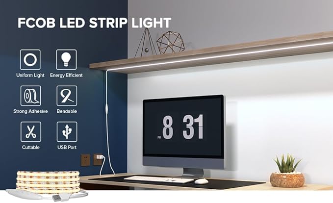 USB LED Light Strip 6.56FT, 5 Volt USB Powered Dimmable COB LED Tape Lights, 6000K Daylight White 8mm High Density Flexible Strips CRI90+ for TV Backlight Under Cabinet Lighting Bedroom Kitchen
