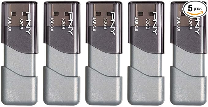 PNY 32GB Turbo Attache 3 USB 3.0 Flash Drive, Grey (Pack of 5)