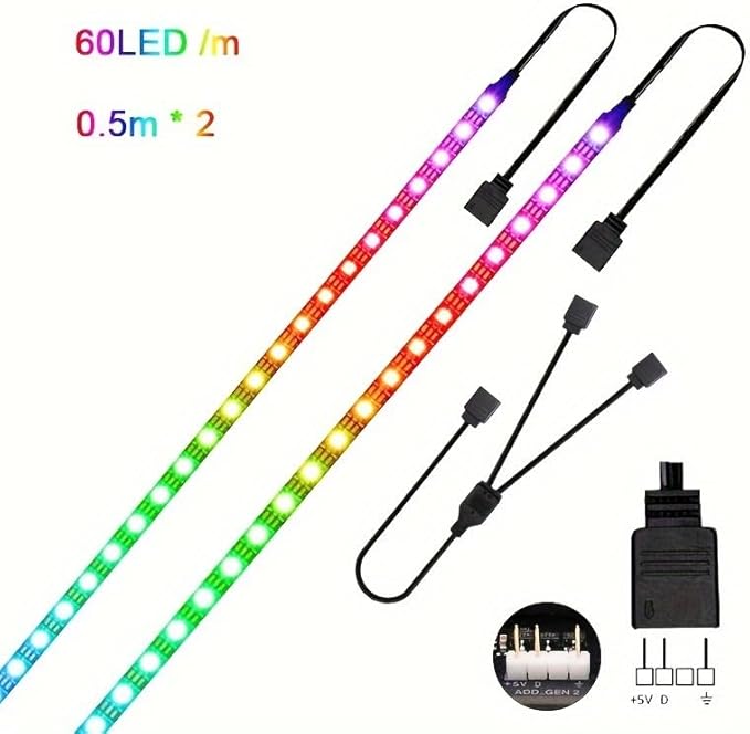 RGB Strip Light for PC Case, 2x19.7in 60LEDs Addressable LED Strip for Motherboard 5V 3-Pin Header Gaming Case DIY Lighting