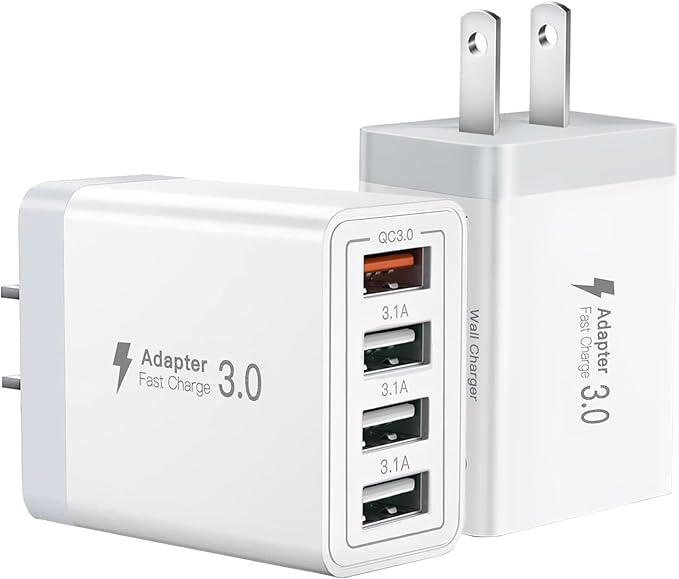 [2 Pack] USB Charger, 4 Port USBA Wall Charging Block, Fast Charge QC 3.0 Plug Adapter Compatible with iPhone 12/13/14/15/XS/XS Max/XR/X, LG, Google Pixel and More