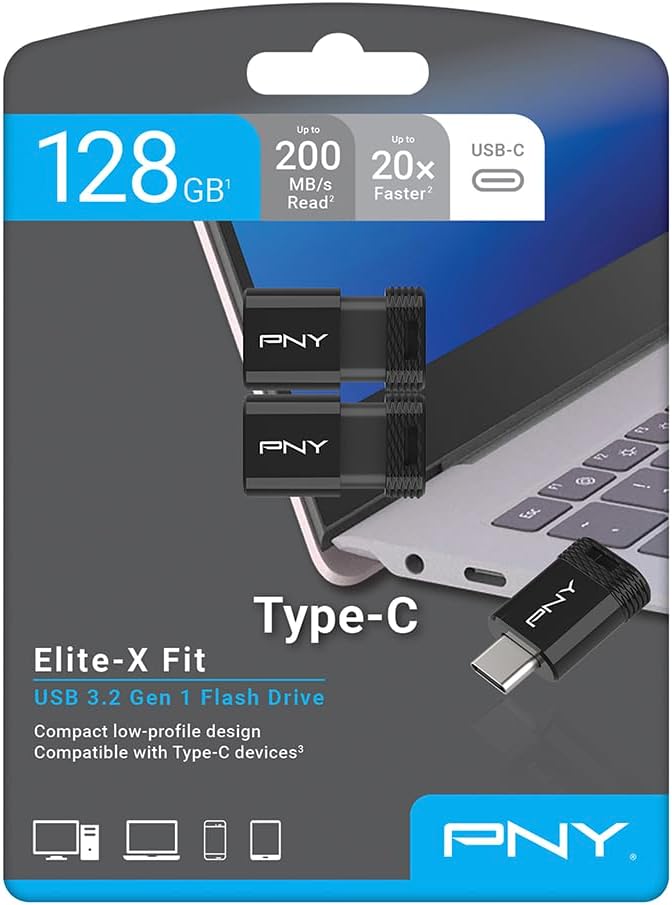PNY Elite-X Fit Type-C 128GB USB 3.2 Flash Drive – Up to 200MB/s Read, Advanced Performance, Convenient Portable Data Storage, Ultra Compact Fit Design, Type-C Connector, 2-Pack
