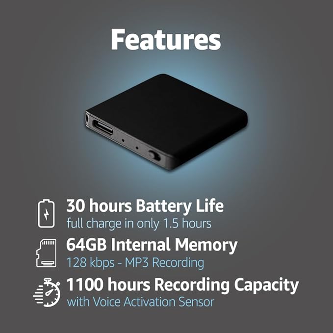 Voice Activated Recorder with Playback – 64GB Storage, 1100 Hours of Audio Recording, Slim & Portable for Meetings, Interviews & Classes, Easy Notetaker - TileREC- Dark Grey- by Atto Digital