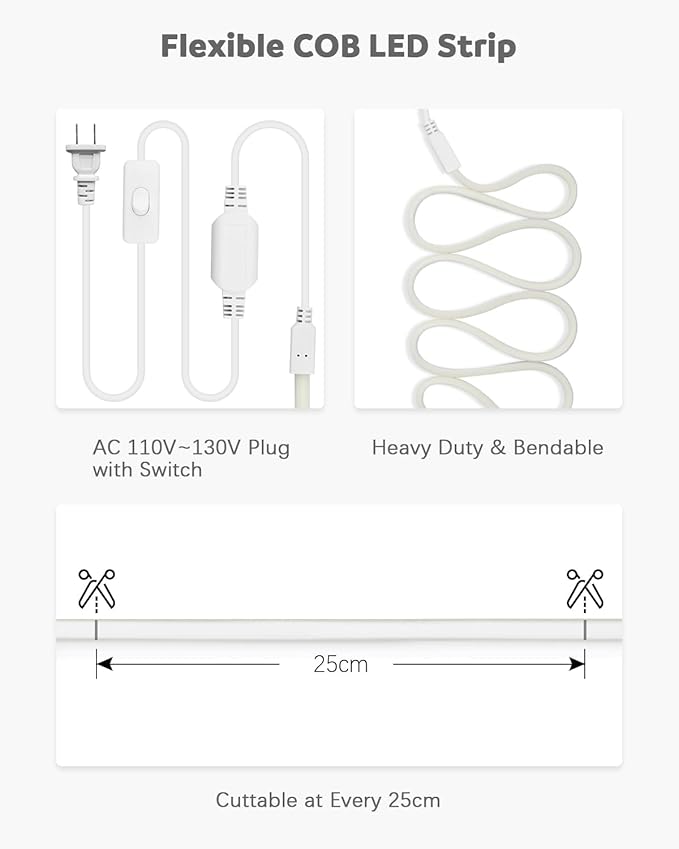 ALITOVE 110V 120V LED Strip Lights Waterproof 16.4ft COB Style Super Bright Daylight White LED Strip Lights 6000k CRI90+ for Indoor Outdoor Home Commercial Lighting(No Remote Version)