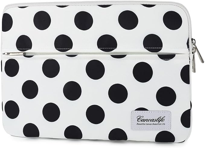 Canvaslife Waterproof Laptop Sleeve 14 Inch Laptop Case Bag with Front Pocket, Black Dot Pattern