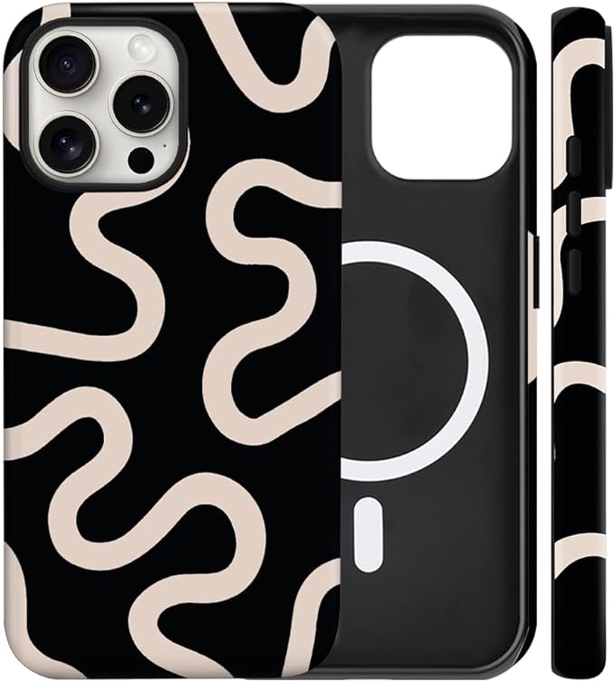 Magnetic for iPhone 15 Pro Case Cute Curved Stripes Phone Case, Shockproof Slim TPU and Hard PC Protective Phone Cover Compatible with MagSafe Designed for Women Girls,Black