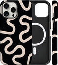 Magnetic for iPhone 15 Pro Case Cute Curved Stripes Phone Case, Shockproof Slim TPU and Hard PC Protective Phone Cover Compatible with MagSafe Designed for Women Girls,Black