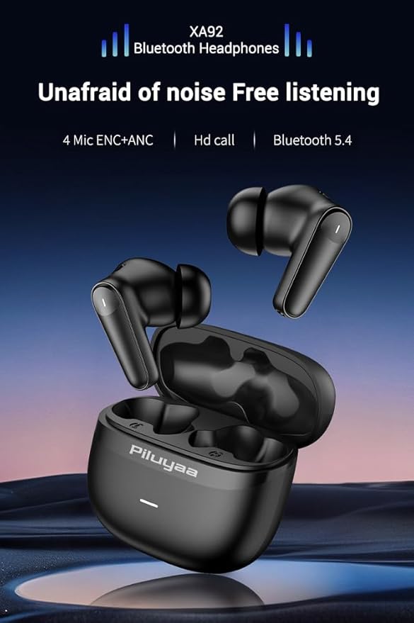 Piluyaa Wireless Earbuds Bluetooth 5.4 Headphones in Ear Buds, True ANC+ENC Noise Cancelling Earbuds, HiFi Stereo Deep Bass Earphones for Sports/Workout-Black