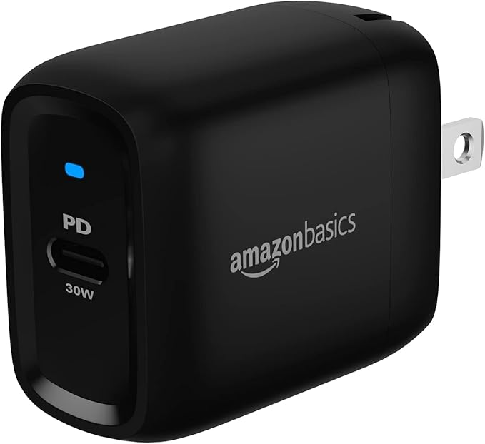 Amazon Basics 30W One-Port Foldable GaN USB-C Wall Charger with Power Delivery PD for Tablets & Phones (iPhone 16/15/14/13/12/11/X, iPad, Samsung, and More), Compact Travel Charger, Non-PPS, Black