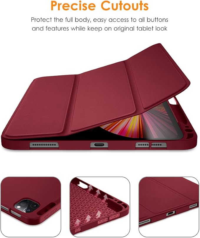 DTTO for iPad Pro 11 inch 4th/3rd/2nd/1st Generation 2022/2021/2020/2018 Case, Smart Slim Trifold Stand Soft TPU Back Cover with Built-in Pencil Holder, Also Fit iPad Air 5/4,Burgundy Red