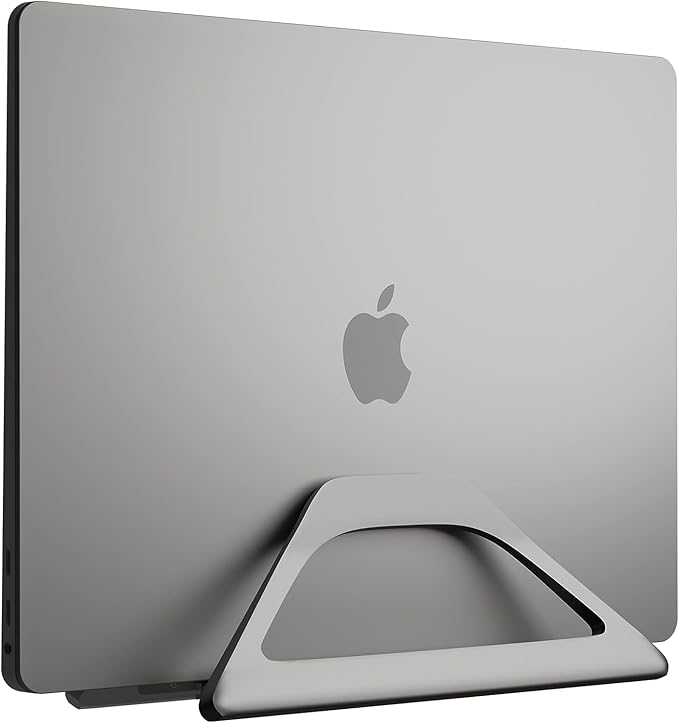 Elestoria Aluminum Vertical Laptop Stand with Gravity Auto-Lock – Adjustable Laptop Holder Vertical fits MacBook Pro/Air, Chromebook & Gaming Laptops up to 17.3" – Space-Saving Desktop Dock - Grey