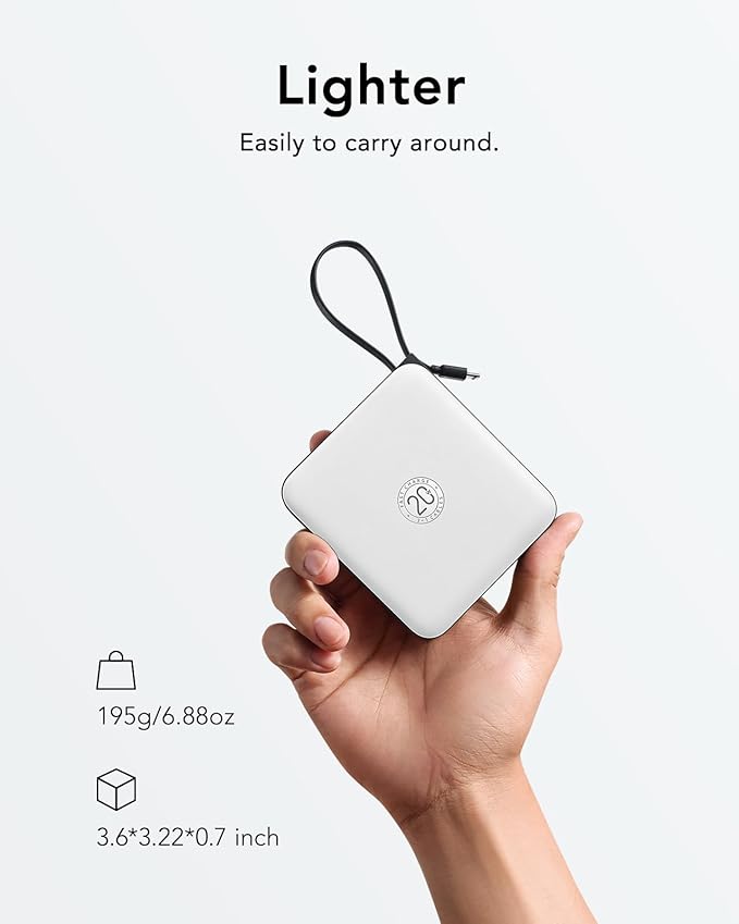 VRURC Battery Pack Charger Portable 10000mAh, 22.5W Power Bank Fast Charging with Built-in Cable, Cell Phone Power Bank for iPhone 17 16 15 & Early Series (White)