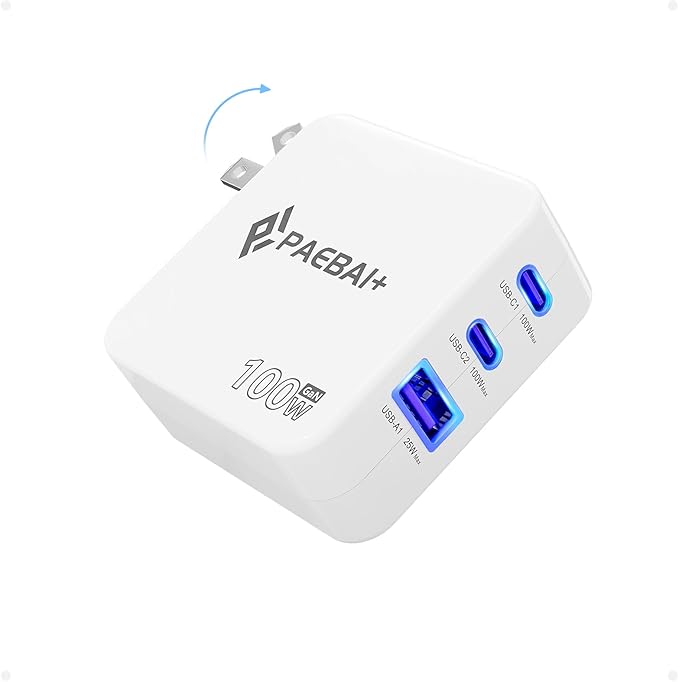 100W USB C Charger Block, 3 Port GaN Foldable Compact Wall Fast Charger for MacBook Pro MacBook Air, Dell XPS, iPhone 16 15 Series, Samsung Galaxy, iPad Pro and All USB-C Devices
