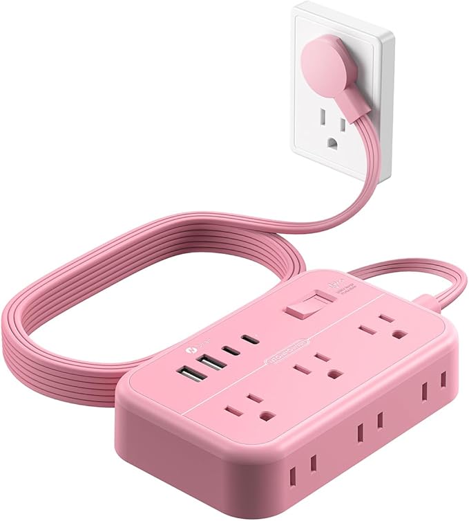 Pink Extension Cord Surge Protector Power Strip with 6 Outlets 4 USB Ports(20W), Flat Extension Cord with Multiple Outlets, 5 ft Flat Plug Outlet Extender for Indoor, Home, Office