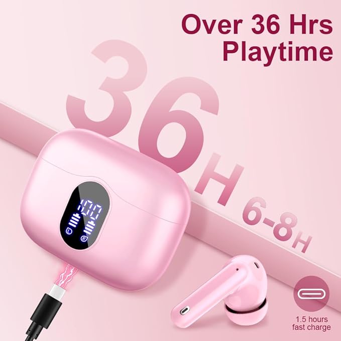 Btootos Wireless Earbuds Bluetooth 5.4 Headphones Bass Stereo Ear Buds with Noise Cancelling Mic LED Display in Ear Earphones IP7 Waterproof 36H Playtime for Laptop Pad Phones Sports Workout Pink