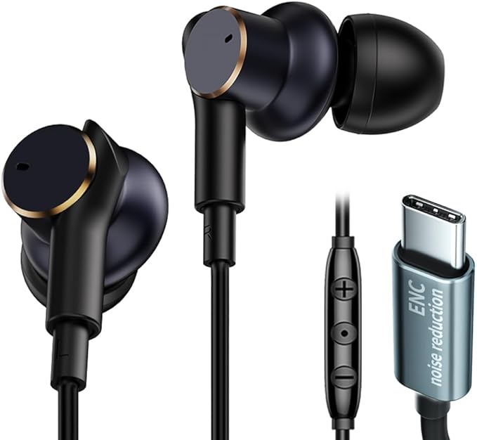 USB C Wired Headphones with Noise-Canceling Mic,Dual-Driver Noise-Isolating Wired Earbuds with Call Noise Reduction,Type C Plug Deep Bass In ear Earphones with DAC,Powerful Bass and HD Sound (Black)