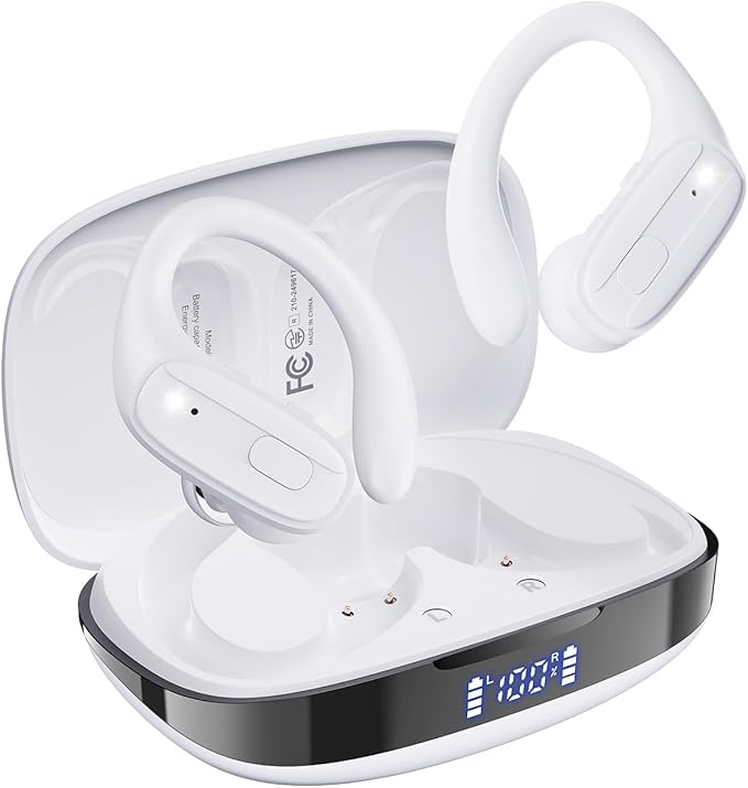 Wireless Earbuds, Sports Bluetooth 5.4 Headphones, Ear Buds with ENC Noise Canceling Mic, 80Hr Playtime Earphones, Palm-sized, LED Power Display, IPX7 Waterproof Headset for Workout Running, White