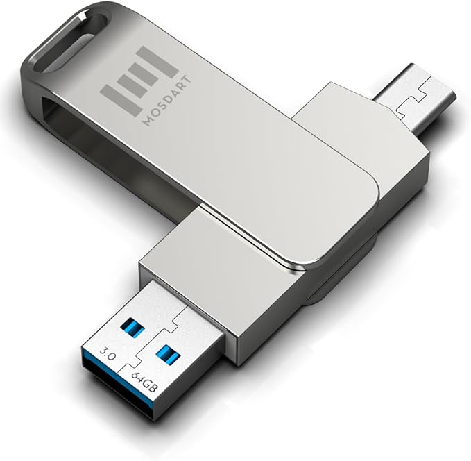 MOSDART 64GB USB C 3.2 Fast Speed C and A Dual Flash Drive, exFAT Memory Stick with Keychain Loop, for iPhone 15,16,17, Android Phone, iPad, MacBook, Silver