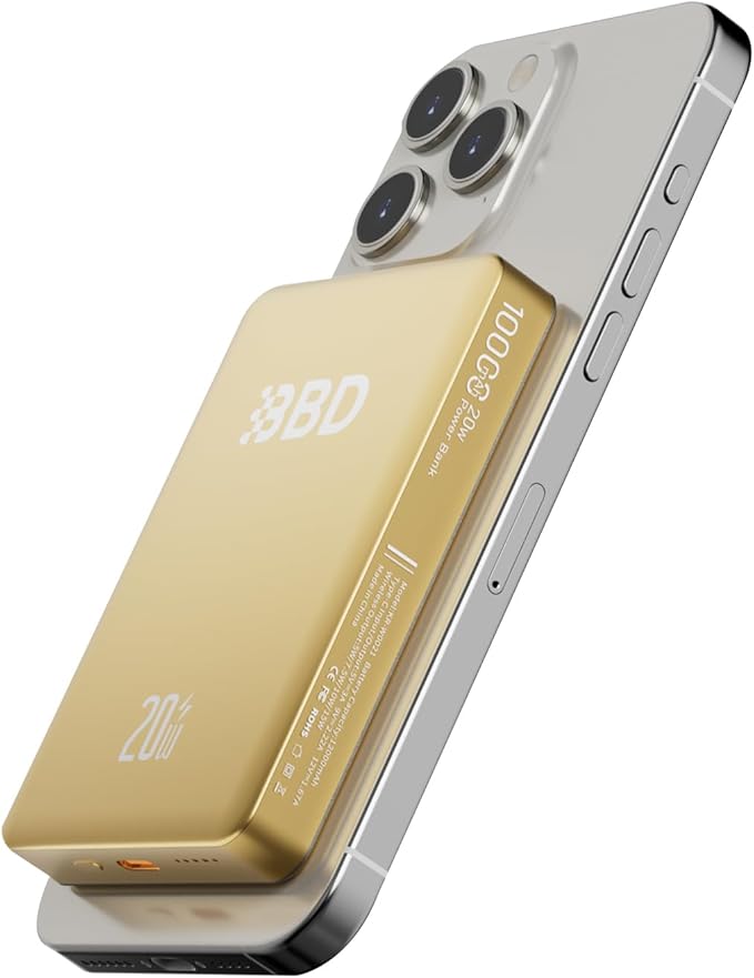 BBD Magsafe Portable Charger,10000mAh Magnetic Power Bank Fast Charging PD 20w with USB C Cable,Slim Magsafe Battery Pack,Wireless Power Bank for iPhone 17/16/15/14/13/12 Series 1Pack-Gold